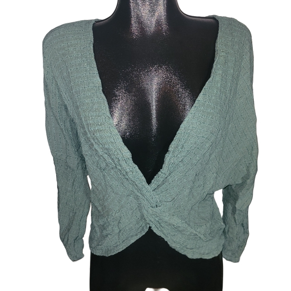 Umgee Leaf Green Textured Long Sleeve  Twist Knot Front Cardigan S